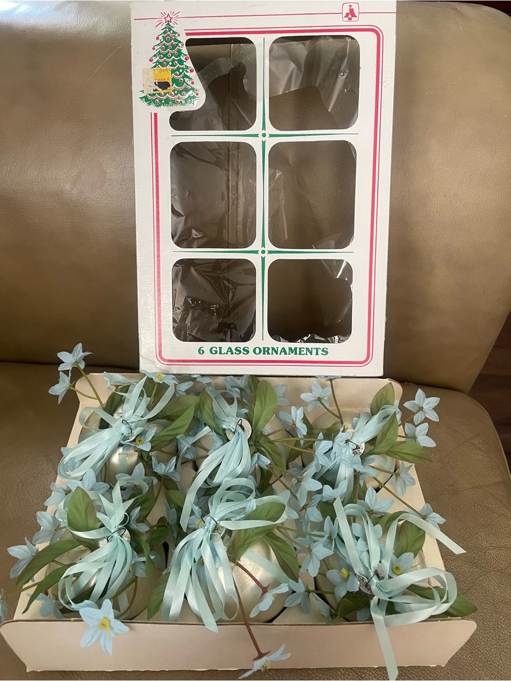 VTG Six Blue Glass Christmas 2.5” Ornaments USA W/Blue Flowers Leaves Ribbons